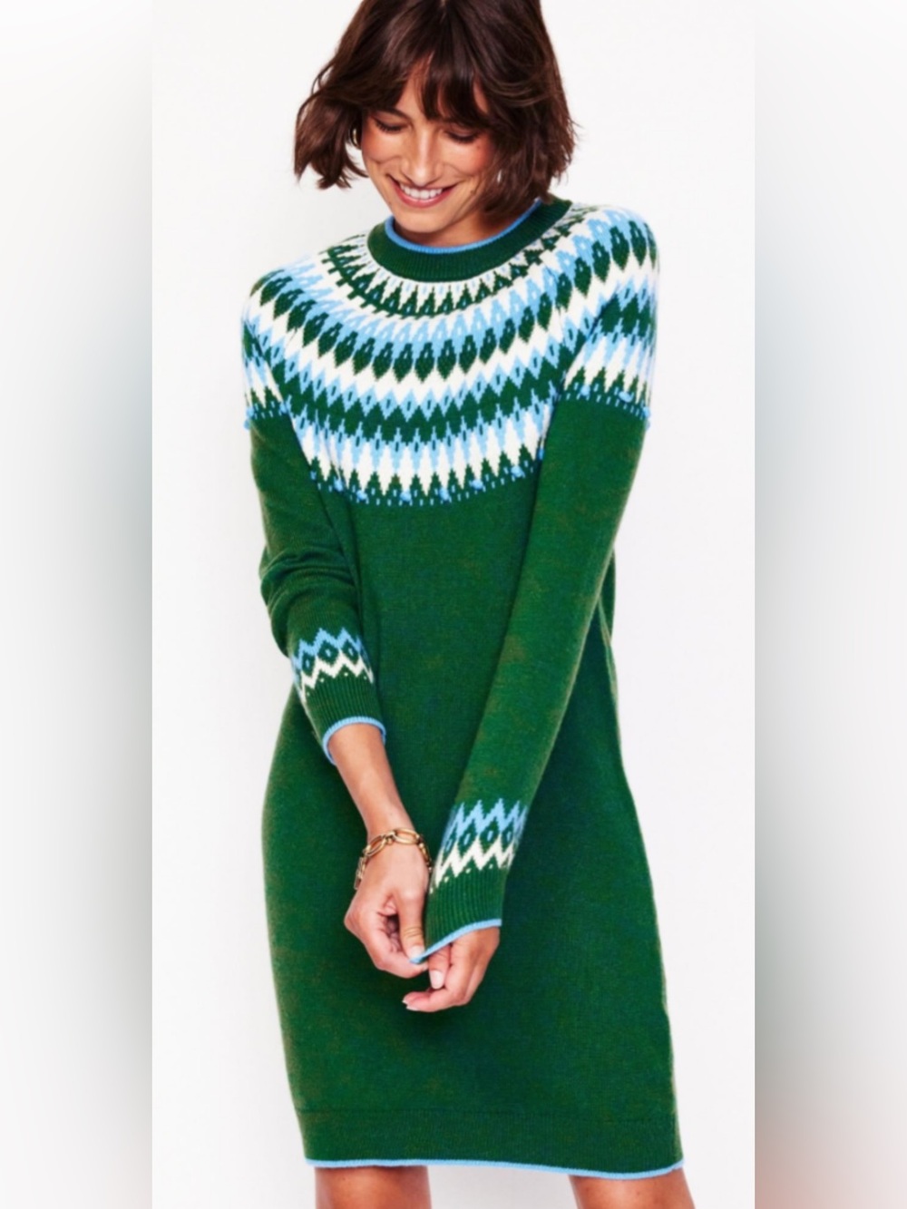 Boden Eleanor Fair Isle Sweater Dress in Pine White Blue Womens 8 Wool Alpaca